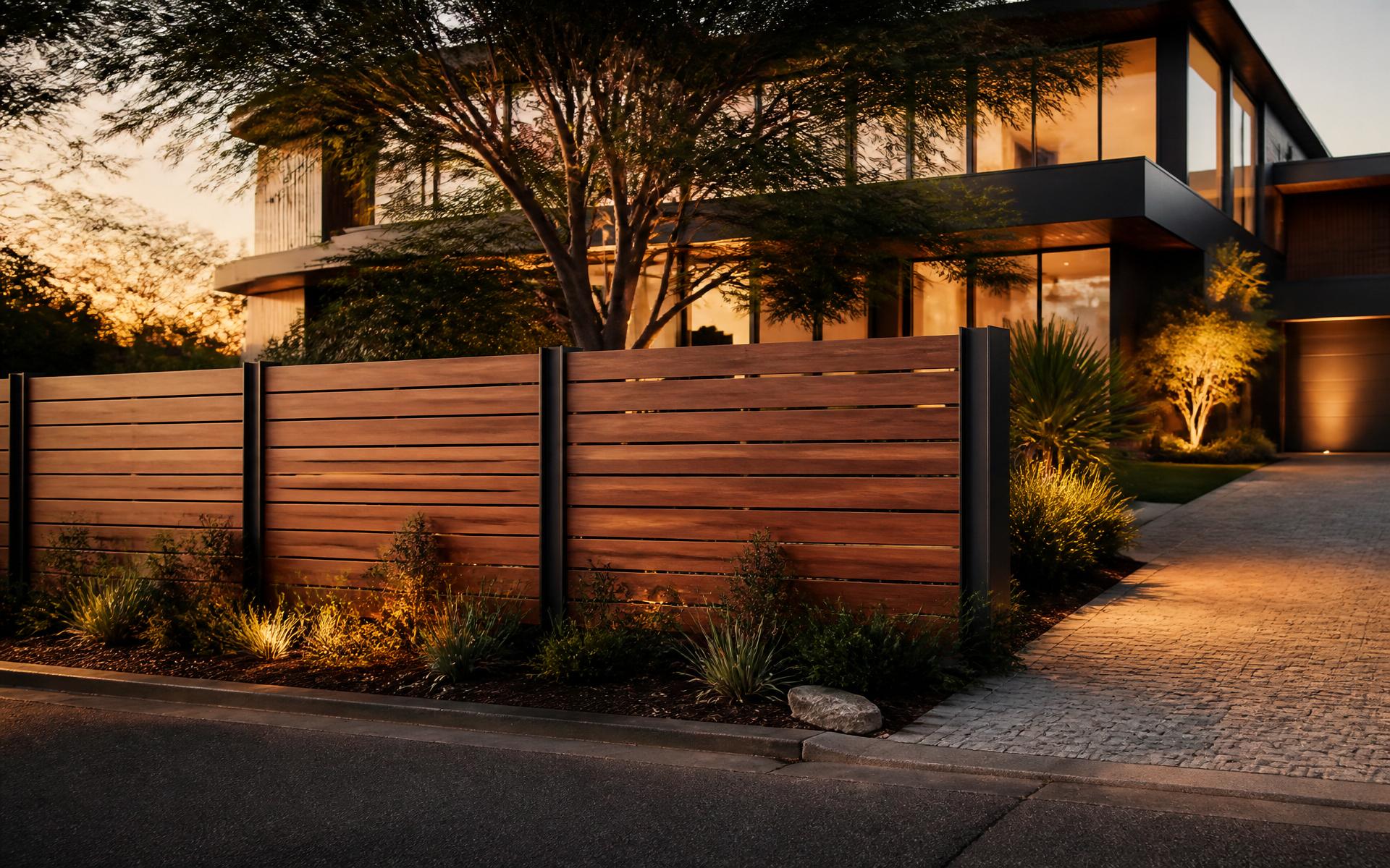 Dark timber fence at a modern North Shore home in warm afternoon light