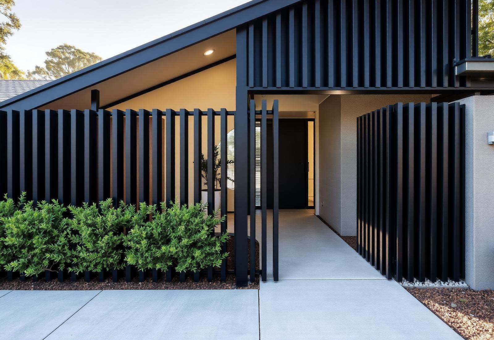 Black aluminium slat front fence at a modern Pymble home