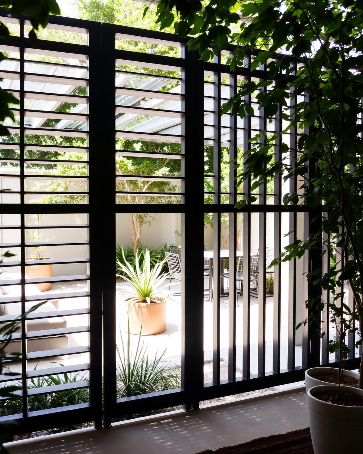 Black aluminium privacy screen framing an outdoor patio