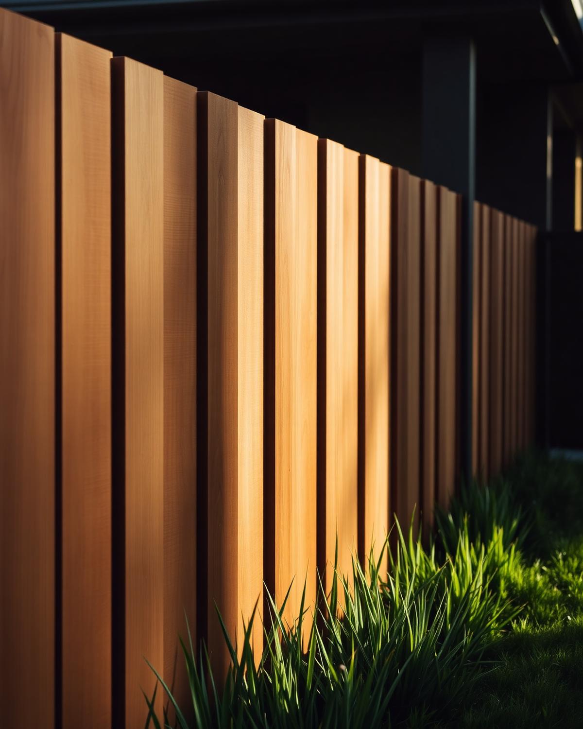 Vertical hardwood timber fence in warm afternoon light